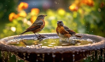 Sticker -  two birds are sitting on a bird bath in a garden.  generative ai