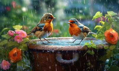 Poster -  two birds sitting on top of a fountain in the rain.  generative ai