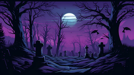 Graveyard In The Spooky Night. Spooky Cemetery With Moon In Cloudy Sky. AI illustration. Halloween Backdrop.