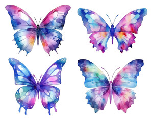 Wall Mural - Set with colored watercolor butterflies isolated on transparent background