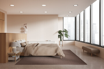 Beige bedroom interior with bed and stylish decoration, panoramic window
