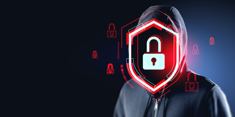 hacker attack system, cybersecurity hologram and lock icons