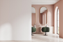 Pink Beauty Salon With Chairs In Row And Mirror, Panoramic Window. Mockup Wall