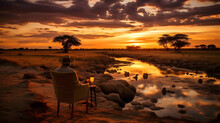 Tourists Enjoying The Lanscape At Sunset After Safari Excurison In The African Savannah . Generative AI