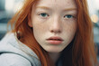 Beautiful close-up portrait of a young woman with red hair and freckles looking into the camera
