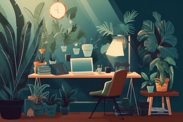 Wall Mural - relaxing environment with plants and music for working from home, created with generative ai