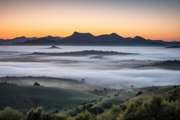 Poster - misty morning sunrise, with misty peaks and valleys visible in the distance, created with generative ai