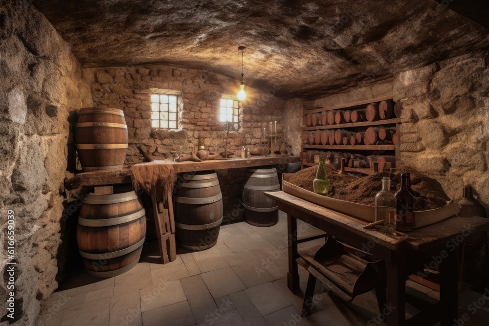 rustic wine cellar with vintage bottles, wooden barrels and stone walls ...