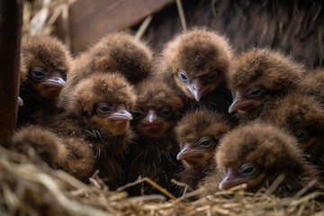 Poster - group of penguin chicks huddled in their nest, warming themselves with each other's body heat, created with generative ai