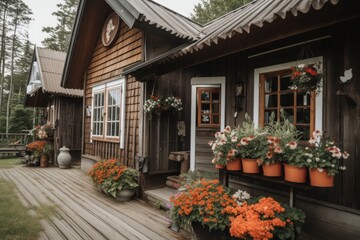 Canvas Print - the exterior of a wooden cottage, with flower boxes and lanterns accenting the windows, created with generative ai