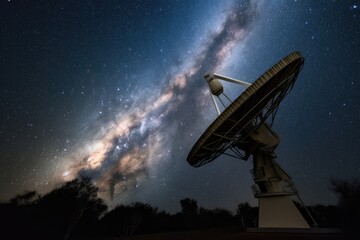 Poster - close-up of satellite antenna, with the stars in the background, created with generative ai