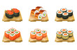 Sushi roll set on wooden plate, sliced sushi roll with salmon, oil paint style, digital paint, on white background. Asian food, japanese food, casual food hand drawn digital illustration