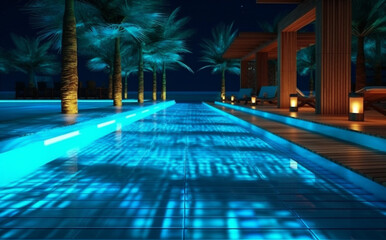 Poster - vacation water pool luxury summer resort light large holiday night. Generative AI.