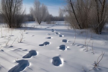 Canvas Print - bird tracks in the snow, with individual footprints visible, created with generative ai