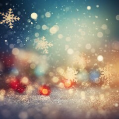 Magic blue holiday abstract glitter background with falling snowflakes. Blurred bokeh of Christmas lights. generative ai