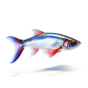 Neon tetra fish on white background. 3D illustration digital art design, generative AI