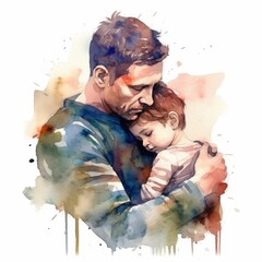  Illustration of a painting of a father and son using colorful watercolors with expressions