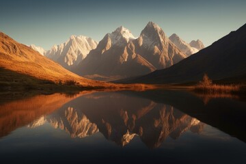 Poster - majestic mountain range reflected in tranquil lake, created with generative ai