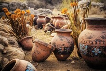 Ancient Pottery Placed Near An Archaeological Site, Created With Generative Ai
