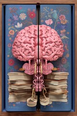 Sticker - top view of an open book with brain illustration, created with generative ai