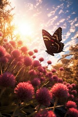 Canvas Print - butterfly flying near a blooming garden in sunlight, created with generative ai