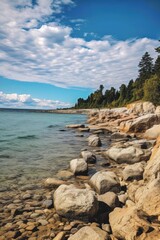 Sticker - panoramic view of lake michigan shoreline, created with generative ai