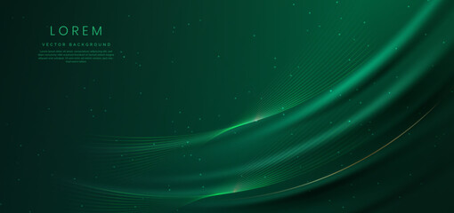 Abstact 3d luxury green curve with border golden curve lines elegant and lighting effect on green background.