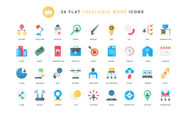 Wall Mural - Online business meeting and conference, internet job with computer and laptop, coworking workplace and resume. Remote work in home office, freelance trendy flat icons set vector illustration