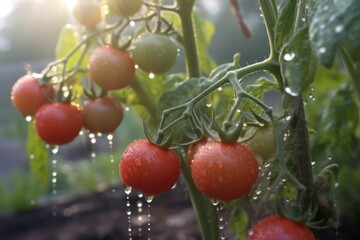 Sticker - close-up of organic tomato plants with dew, created with generative ai