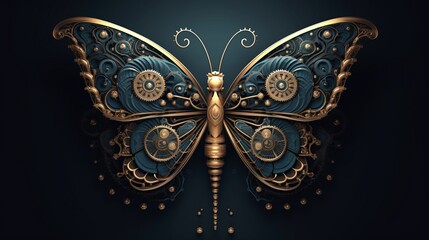 magic steampunk fantasy butterfly on dark blue background generative ai