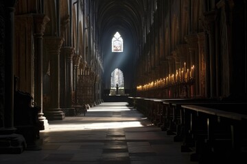 Sticker - atmospheric view of long, shadowy nave, created with generative ai