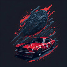 Graphic Design, Flat Design, 1968 Ford Mustang Red Shelby, Drifting On The Moon. Watercolor Splashes, Highly Detailed Clean, Photorealistic In Frame, Masterpiece, Professional Photography, Realistic C