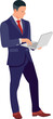 Full-body businessman with laptop flat vector design.Adult employee in suit stands to working.Smart Man holding computer to do job