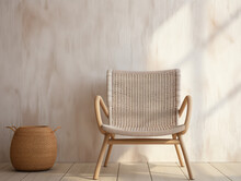 Rattan Chair With Knit Close Up In Interior Background, Mockups Design 3D, HD