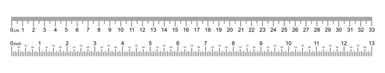 A white ruler marked with centimeters, inches and combined rectangular shapes. Output inch line. Vector graphics on a white background.