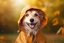 Cute Dog With Yellow Rain Coat. Rainy Weather In Autumn Concept. Generative AI