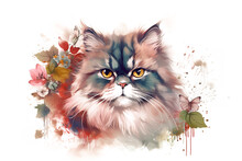 Image Of A Persian Cat Face Surrounded By Colorful Tropical Flowers. Pet. Animals. Illustration, Generative AI.