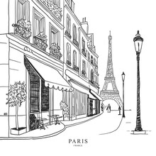 Hand Drawn Paris City Corner. Black And White Vector Line Illustration