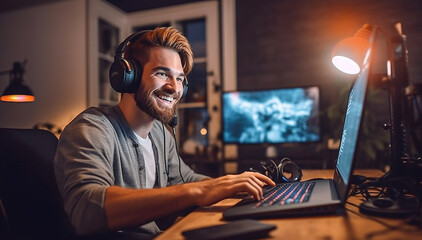 Professional Gamer Playing First-Person Shooter Online Video Game on His Powerful Personal Computer. Room and PC have Colorful Neon Led Lights. Young Man is Wearing a headset. Cozy Evening at Home.