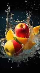  Nature's Symphony: Dynamic and Dramatic Encounter of Apple, Water, and Mango Pieces Generative AI 6