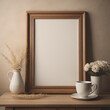 © Beste stock - wooden picture frame mockup hanging on beige wall background. Boho shaped vase, dry flowers on table. Cup of coffee, old books. Working space, home office. Art, poster display. Modern interior