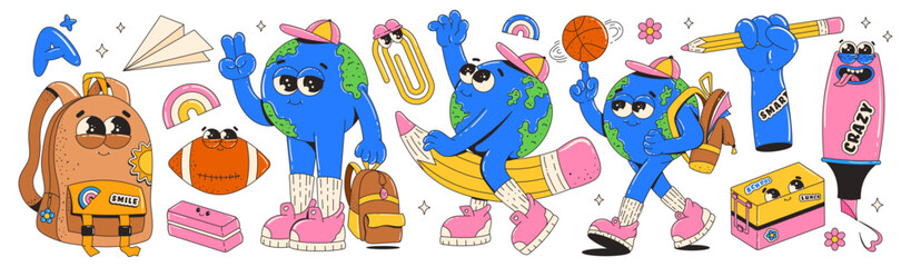 Back to school. Funny cartoon set with element and character. Funky retro groovy characters earth planet, school bag, ball, lunch box, marker and other. Vector illustration.