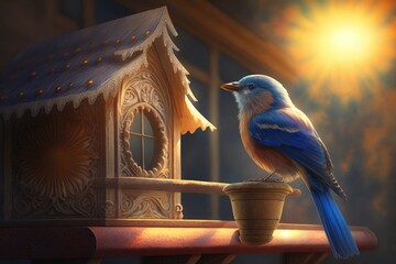 Poster - bluebird on the roof of a birdhouse, its feathers shining in the sun, created with generative ai