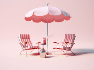 summer pink holiday sun chair retro umbrella vacation parasol sand. Generative AI.