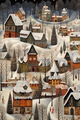 Poster - snow-covered village scene with decorated houses, created with generative ai