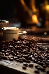 Poster - close-up of coffee beans on a wooden table, created with generative ai