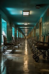 Canvas Print - hospital corridor with empty wheelchairs and stretchers, created with generative ai