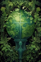 Canvas Print - globe surrounded by green leaves and nature symbols, created with generative ai