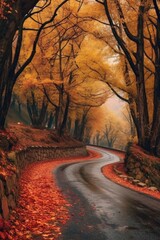 Canvas Print - a winding road lined with trees in autumn colors, created with generative ai