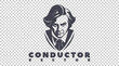Vector portrait of a serious and dissatisfied men with hair and a look from under his forehead. Inscription, conductor. Logo, sticker or icon. Isolated background.